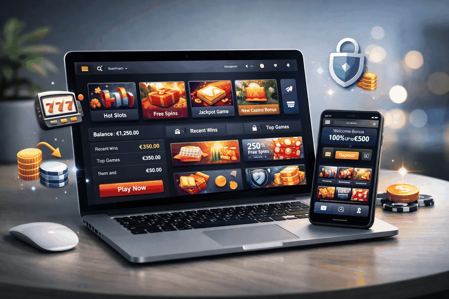 Moderne Online Casino Oberfläche auf Laptop und Smartphone mit Spielen